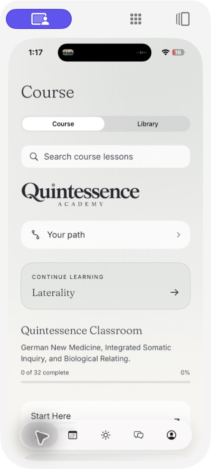 The Quintessence iPhone classroom, showing Your path, Continue learning and Start Here